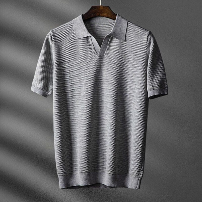 Waffle Knit Open Collar Relaxed Fit Short Sleeve Polo Shirt