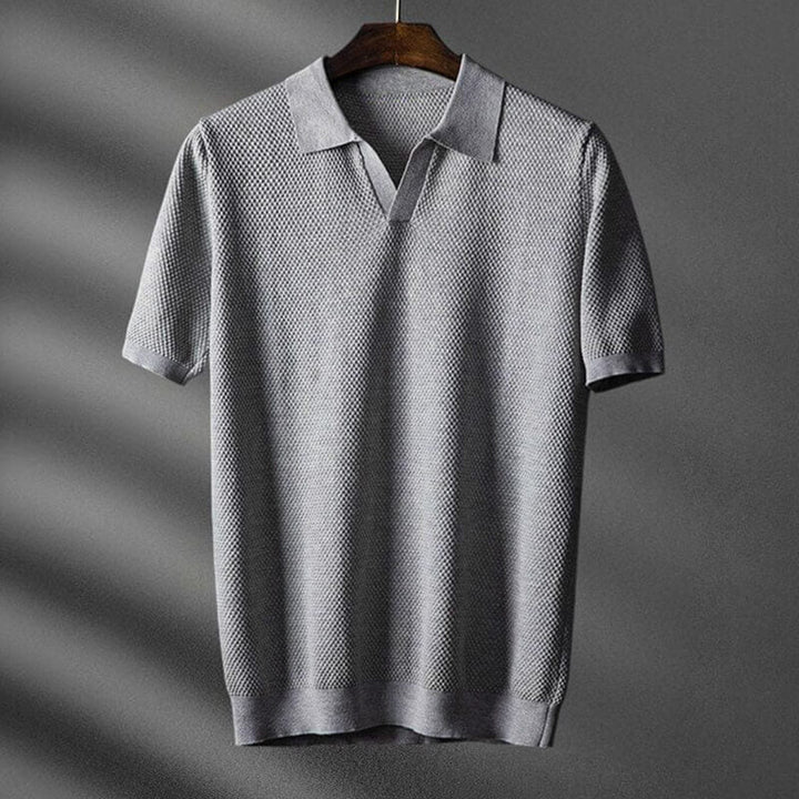 Waffle Knit Open Collar Relaxed Fit Short Sleeve Polo Shirt