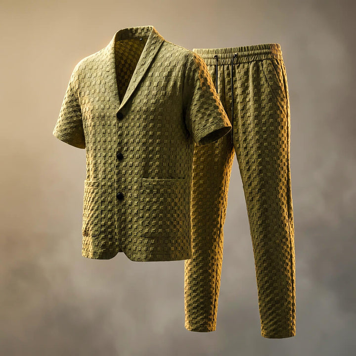 Textured Geometric Shawl Collar Short Sleeve Shirt and Pant Set
