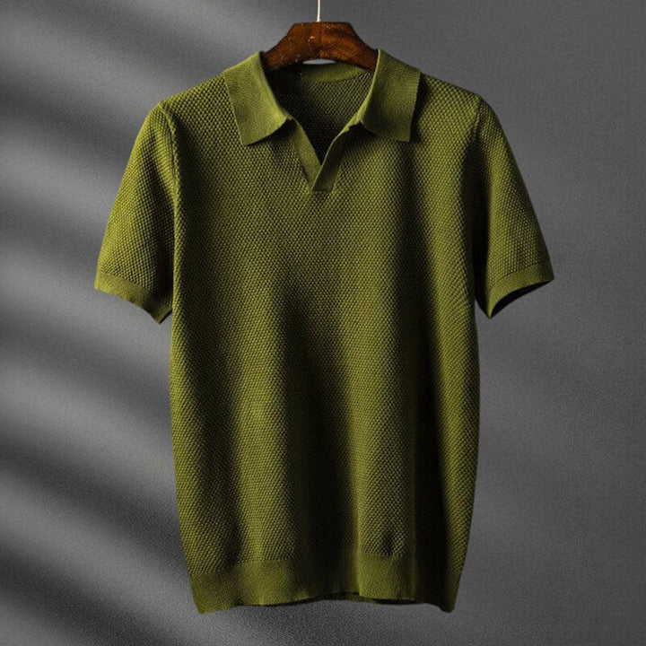 Waffle Knit Open Collar Relaxed Fit Short Sleeve Polo Shirt