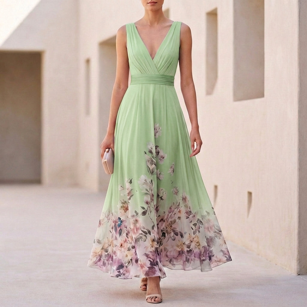 Women's Floral Chiffon Maxi Dress V Neck Sleeveless Wedding Guest