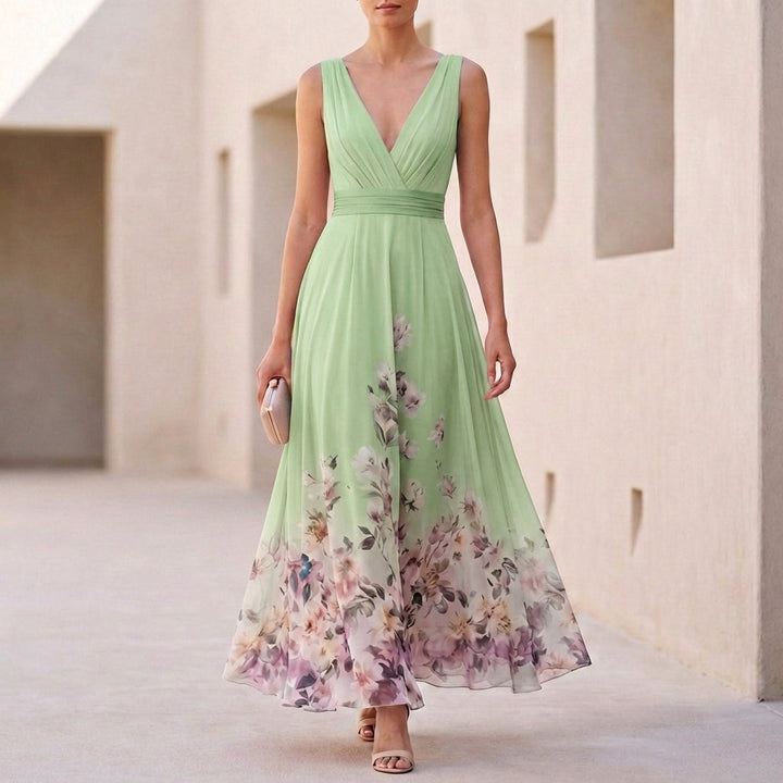 Women's Floral Chiffon Maxi Dress V Neck Sleeveless Wedding Guest