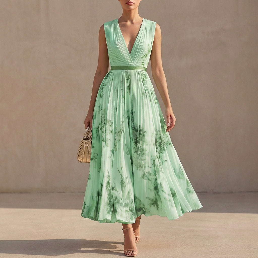 Women's Floral Pleated Maxi Dress Deep V Neck Sleeveless Wedding Guest