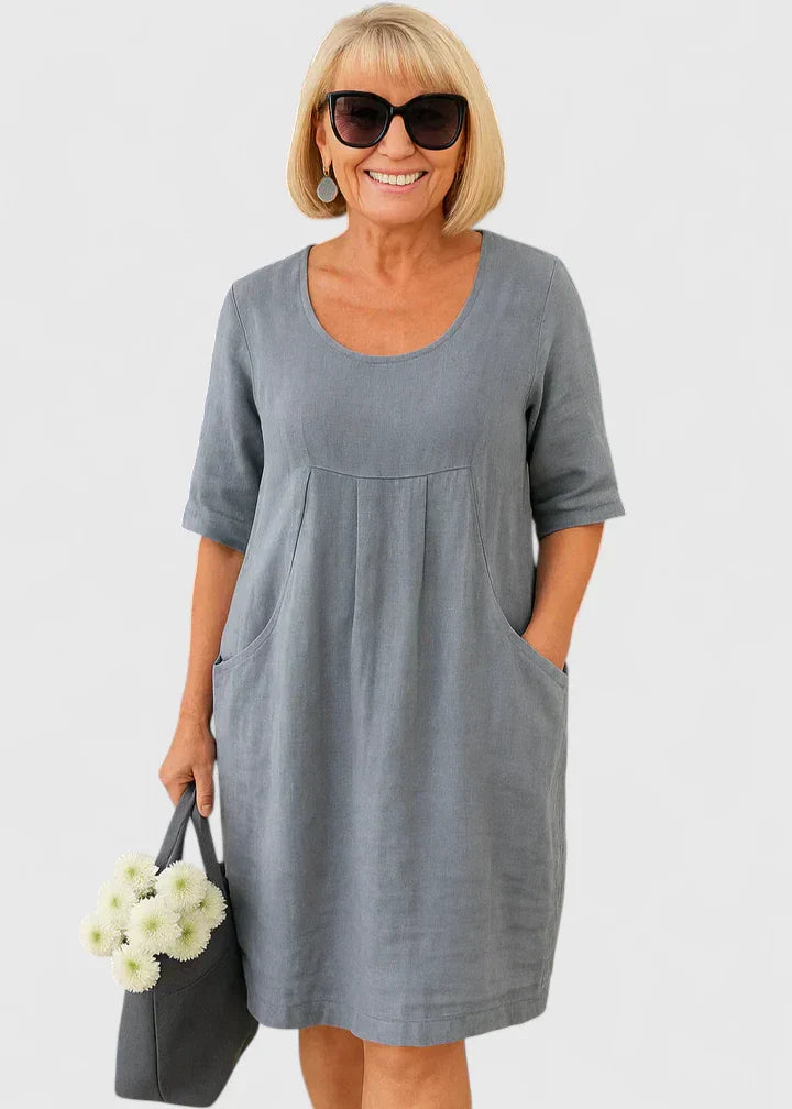 Casual Linen A Line Summer Midi Dress with Pockets