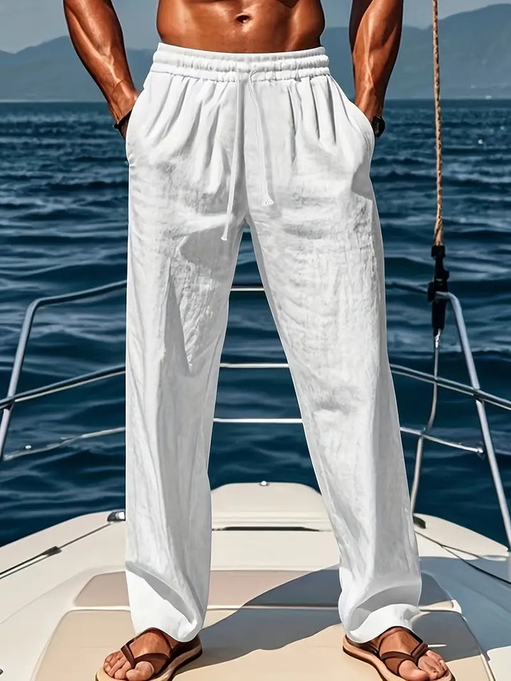 Drawstring Pleated Linen Mens Casual Trousers - Resort Loose Fit