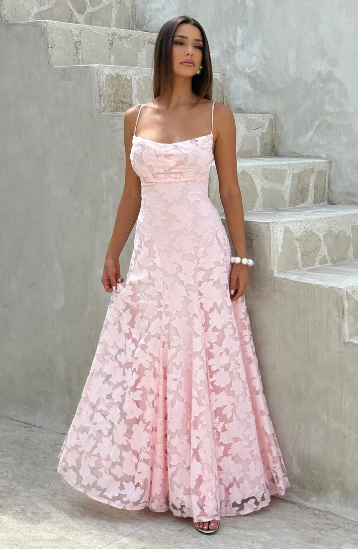 Floral Lace Spaghetti Strap A Line Maxi Dress - Wedding Guest