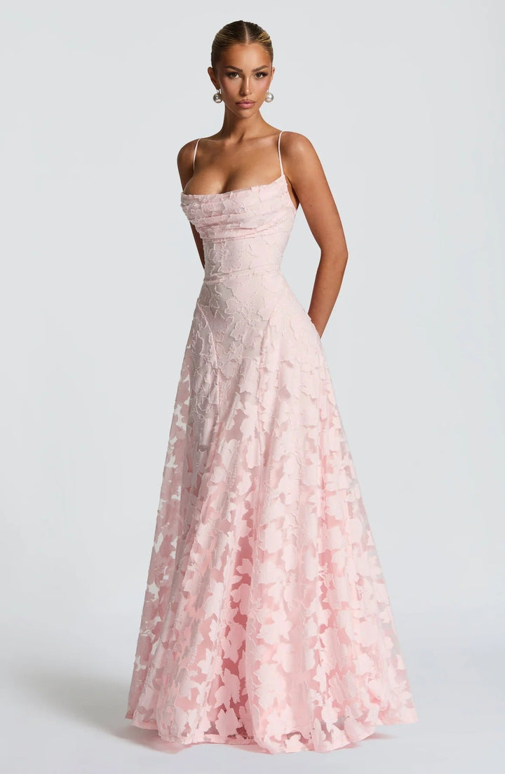 Floral Lace Spaghetti Strap A Line Maxi Dress - Wedding Guest