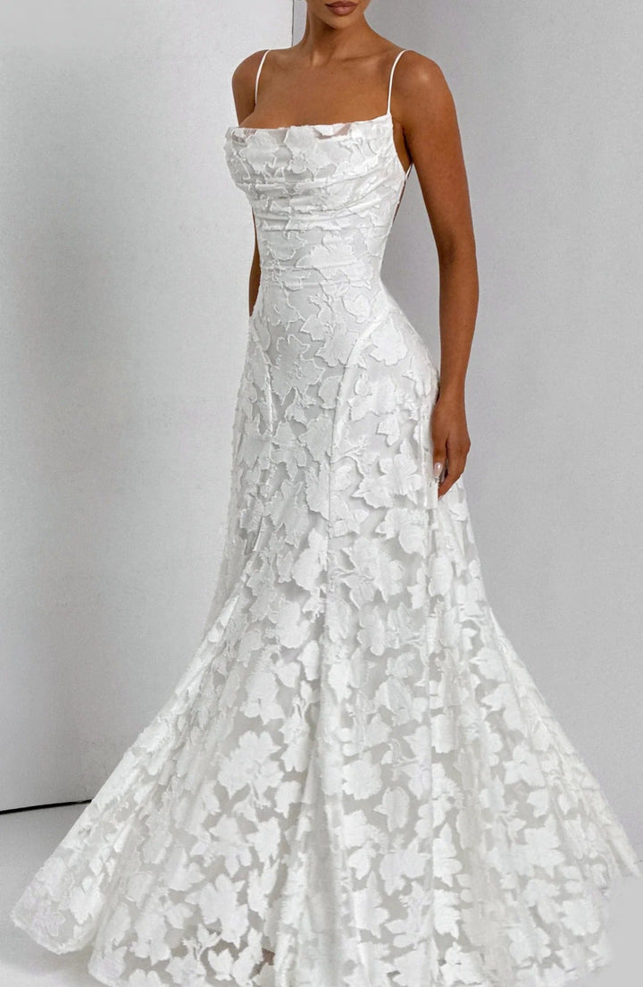 Floral Lace Spaghetti Strap A Line Maxi Dress - Wedding Guest
