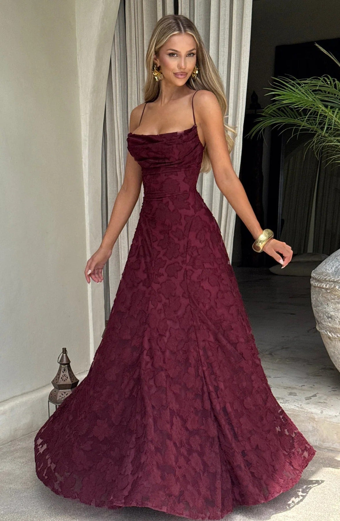 Floral Lace Spaghetti Strap A Line Maxi Dress - Wedding Guest