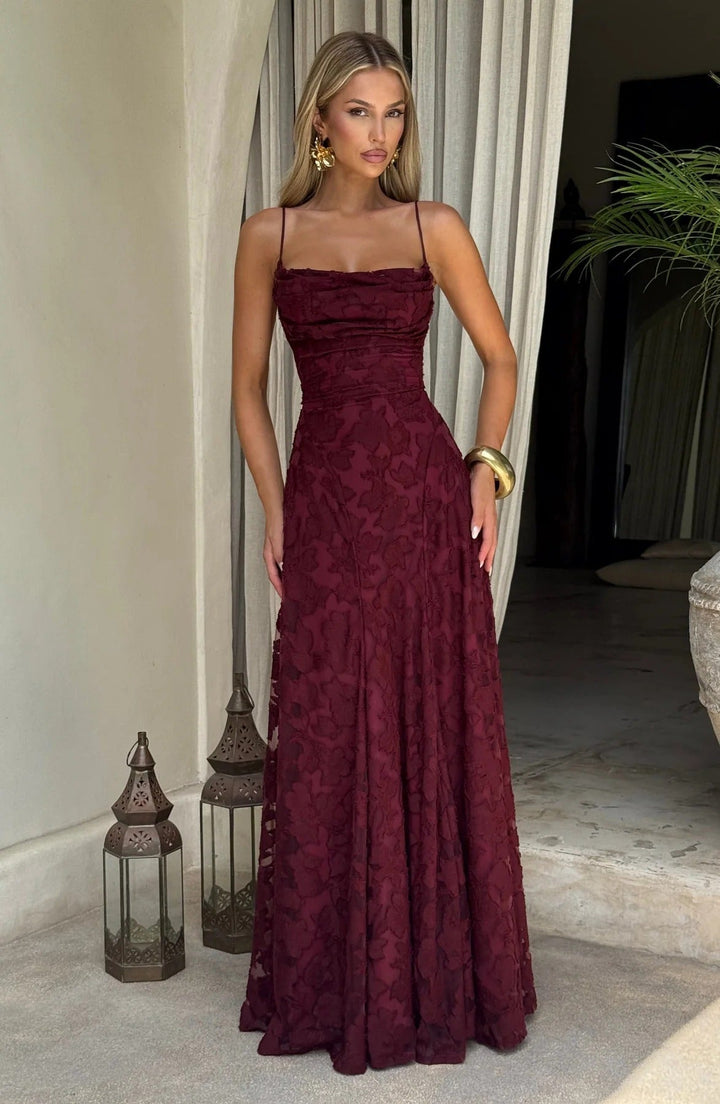 Floral Lace Spaghetti Strap A Line Maxi Dress - Wedding Guest