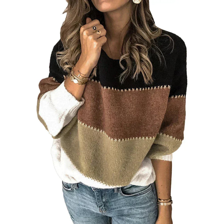 Persephone | Women's Color Block Crew Neck Sweater with Whipstitch Trim