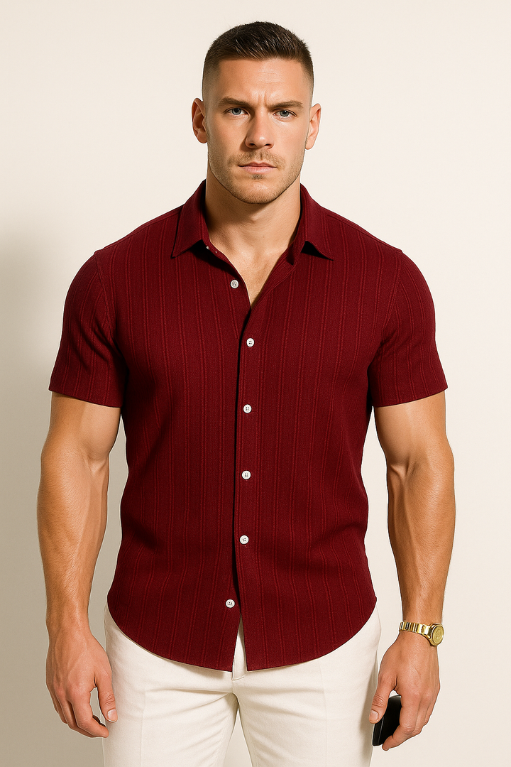 Textured Stripe Short Sleeve Button Down Casual Shirt