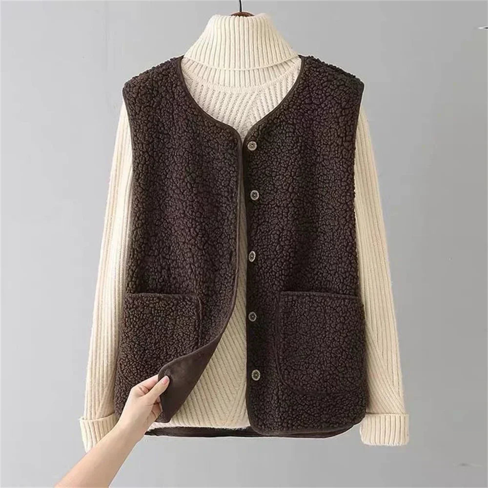 Marnie | Women's Sherpa Fleece Button-Up Vest with Patch Pockets