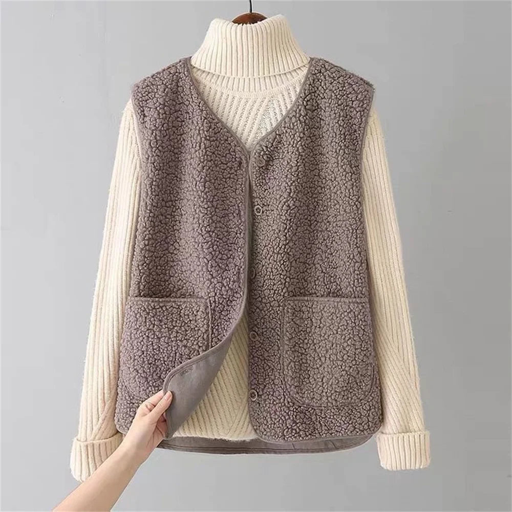 Marnie | Women's Sherpa Fleece Button-Up Vest with Patch Pockets