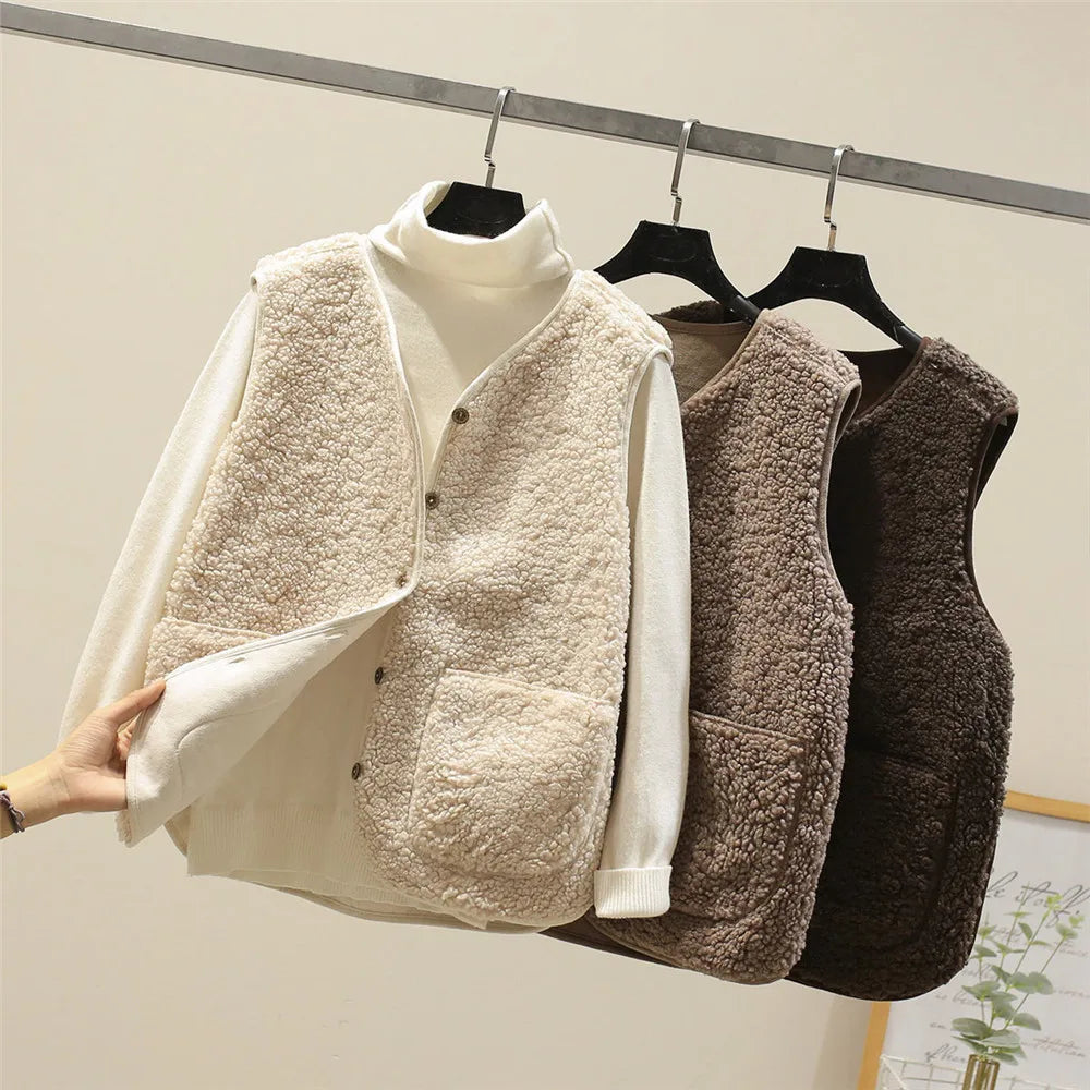 Marnie | Women's Sherpa Fleece Button-Up Vest with Patch Pockets