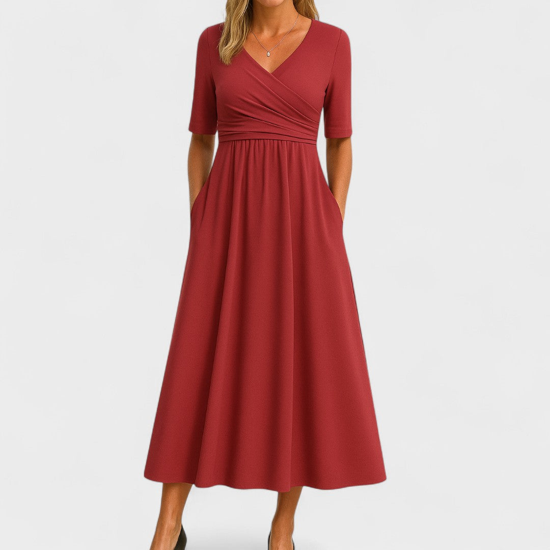 Women's Wrap Midi Dress V Neck Half Sleeve A-Line Work Casual