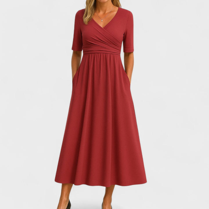 Women's Wrap Midi Dress V Neck Half Sleeve A-Line Work Casual