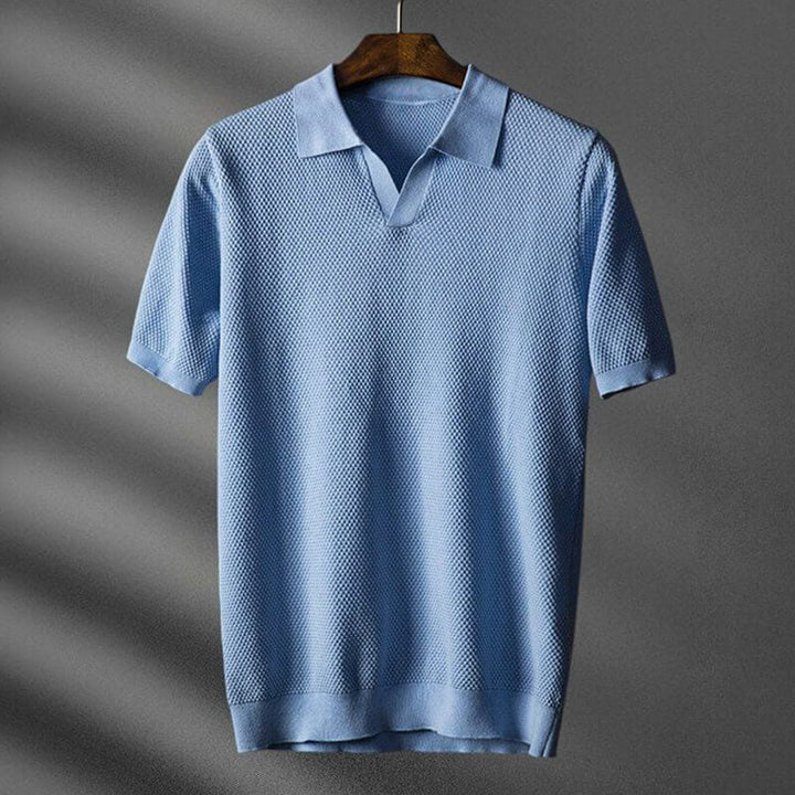 Waffle Knit Open Collar Relaxed Fit Short Sleeve Polo Shirt