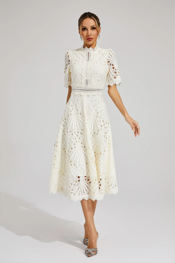 Cutwork Lace A Line Midi Dress - Wedding Guest Formal