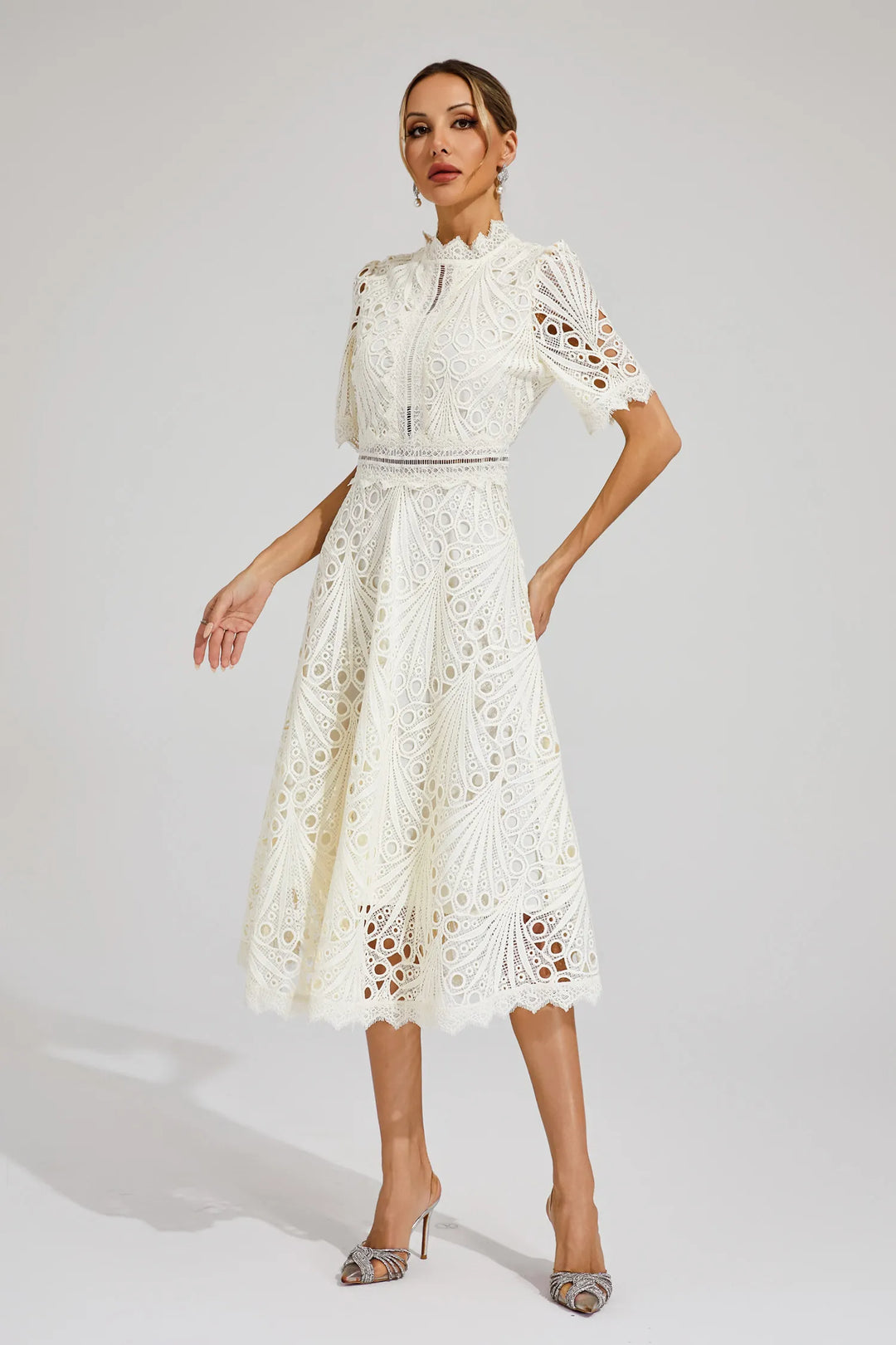 Cutwork Lace A Line Midi Dress - Wedding Guest Formal