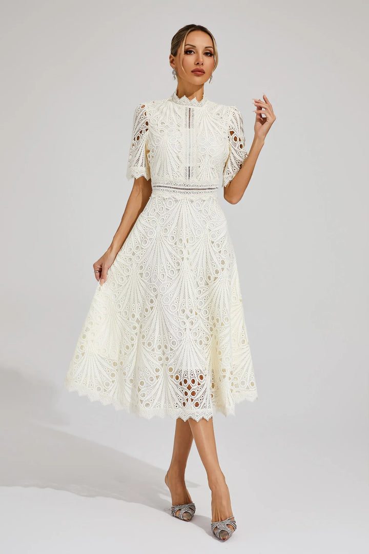 Cutwork Lace A Line Midi Dress - Wedding Guest Formal