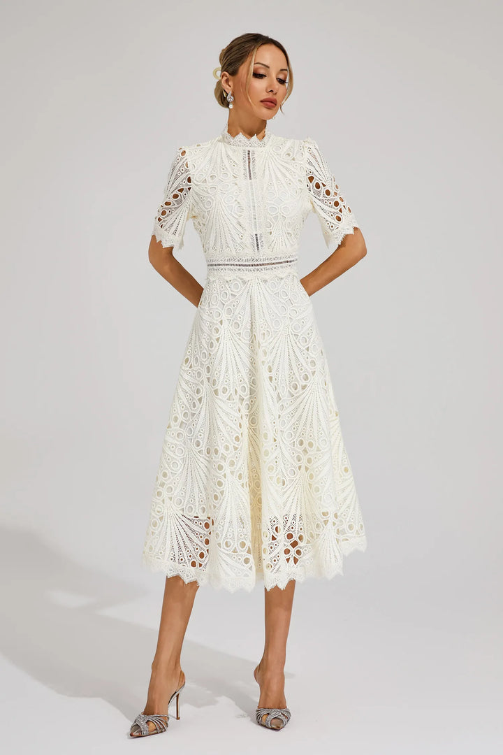 Cutwork Lace A Line Midi Dress - Wedding Guest Formal