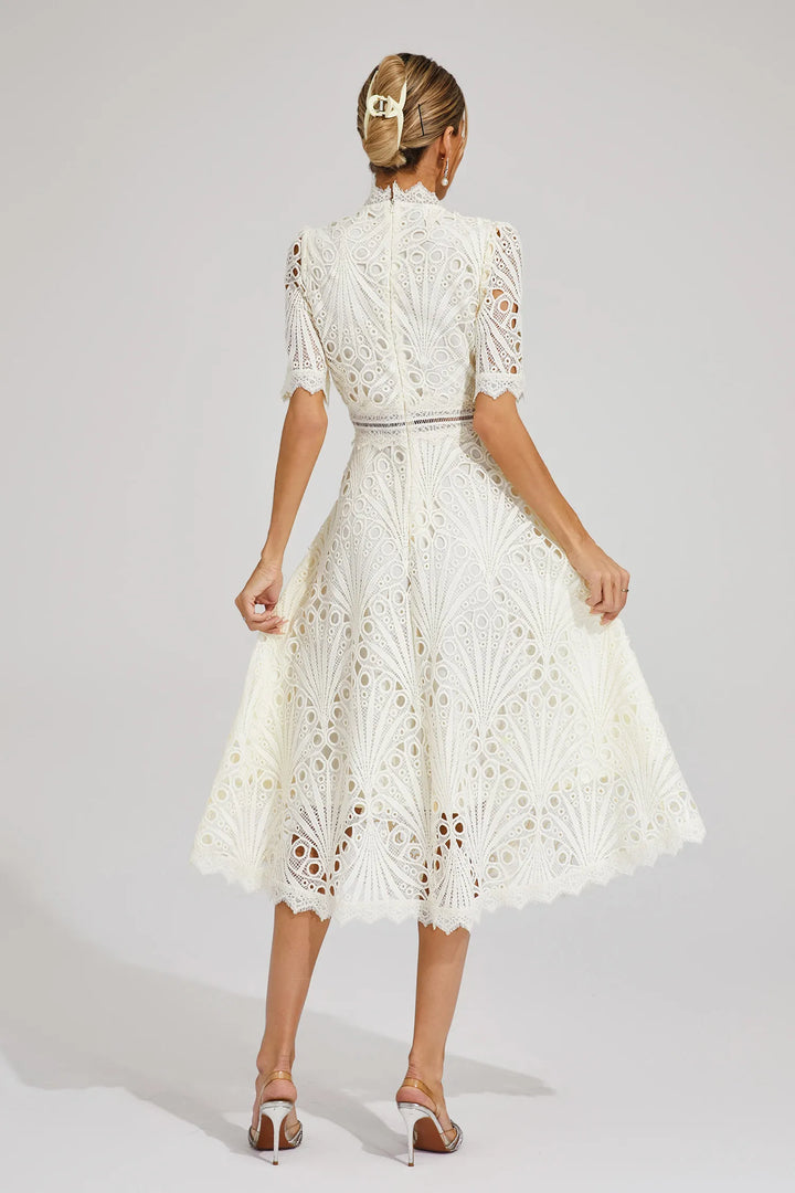 Cutwork Lace A Line Midi Dress - Wedding Guest Formal