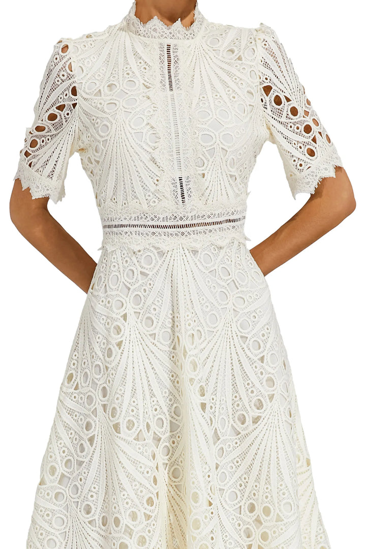 Cutwork Lace A Line Midi Dress - Wedding Guest Formal