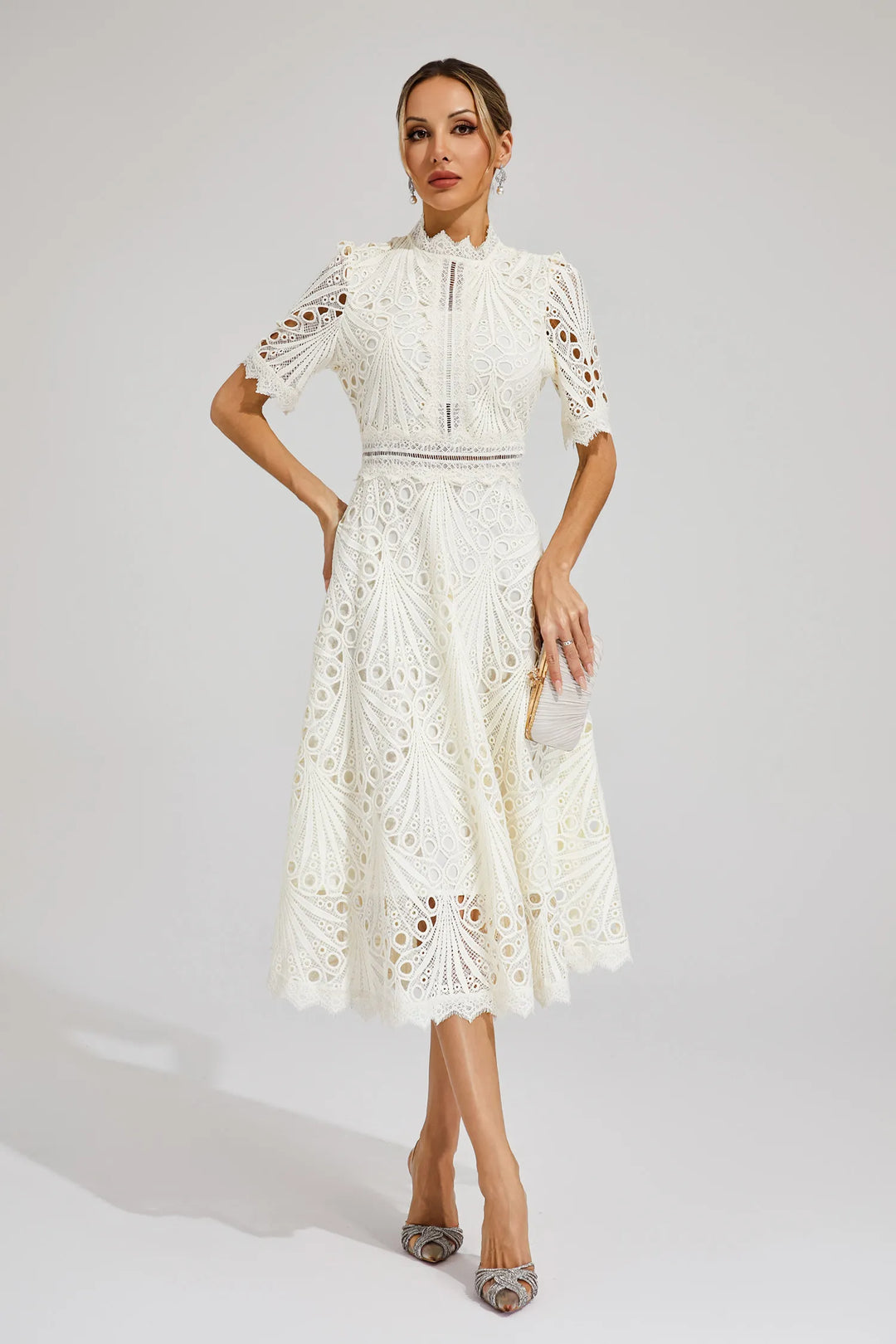 Cutwork Lace A Line Midi Dress - Wedding Guest Formal