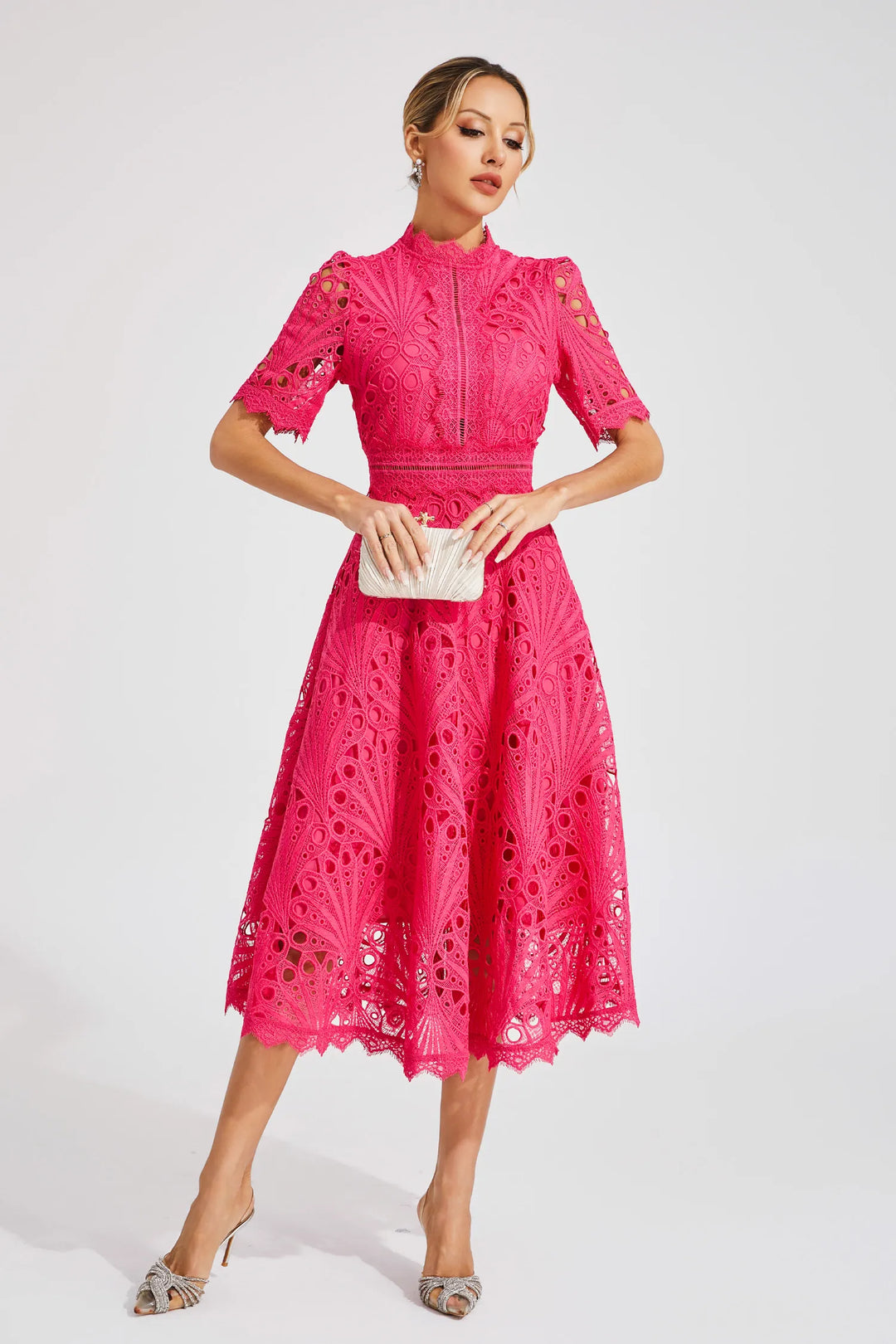 Cutwork Lace A Line Midi Dress - Wedding Guest Formal