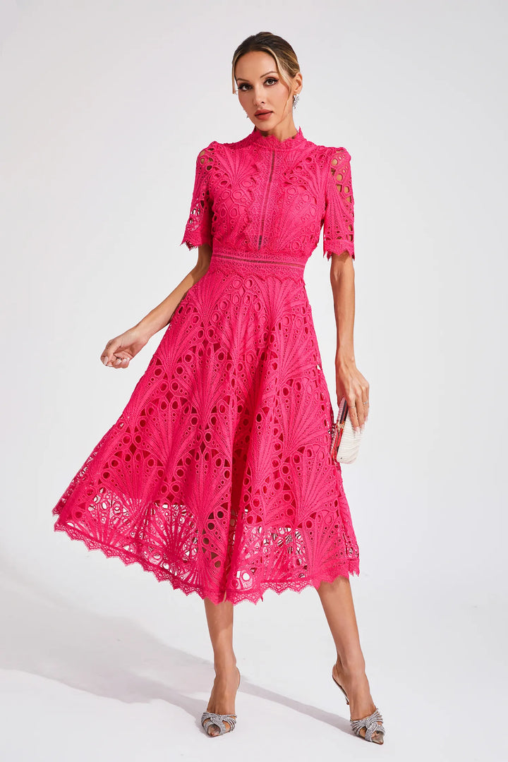Cutwork Lace A Line Midi Dress - Wedding Guest Formal