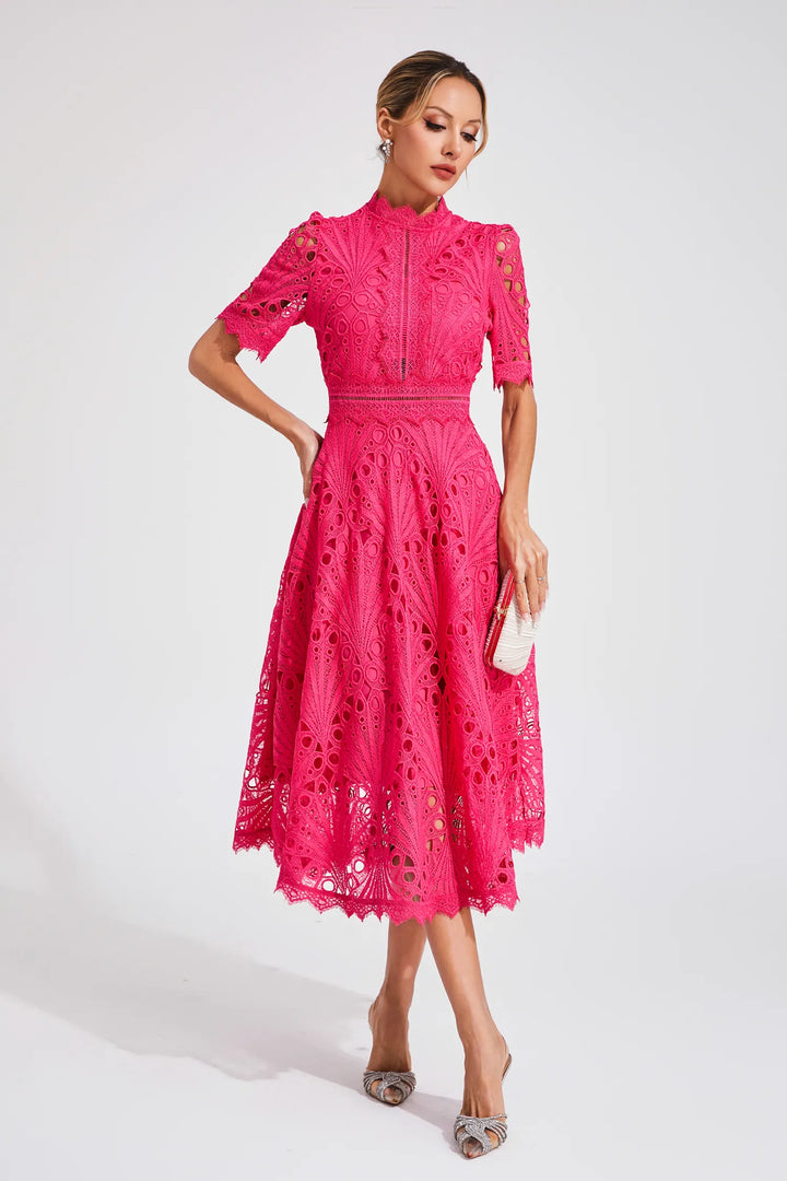 Cutwork Lace A Line Midi Dress - Wedding Guest Formal