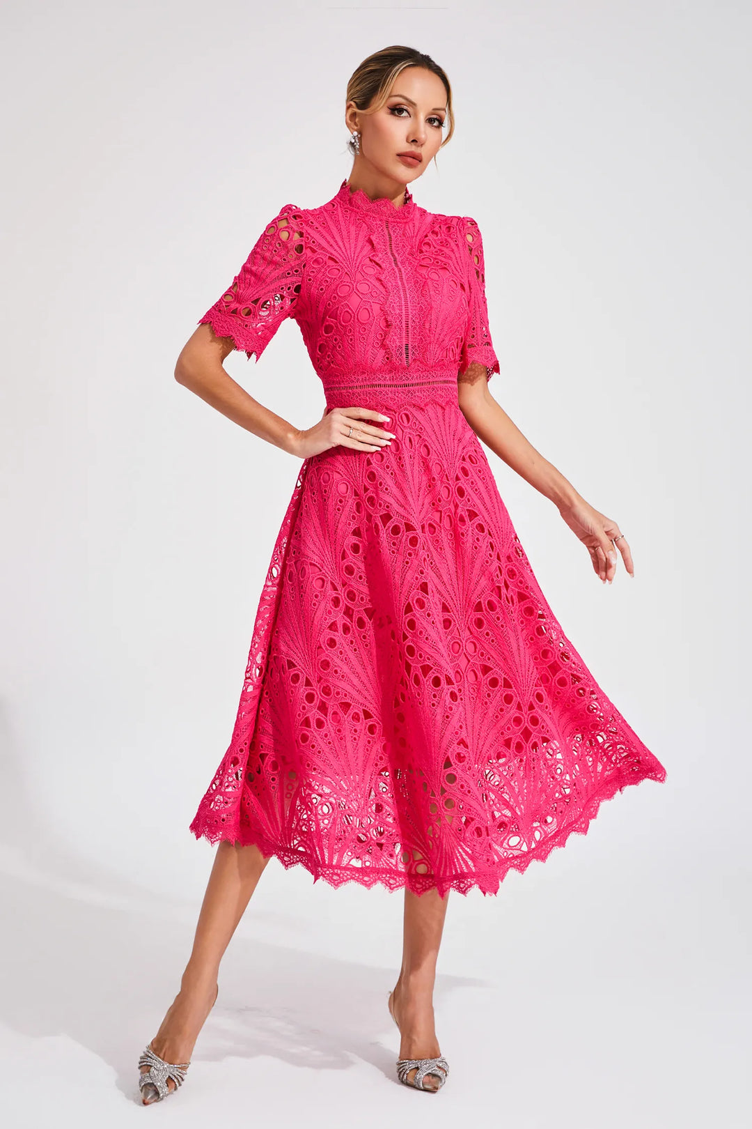 Cutwork Lace A Line Midi Dress - Wedding Guest Formal