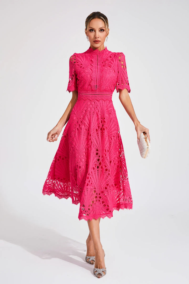 Cutwork Lace A Line Midi Dress - Wedding Guest Formal