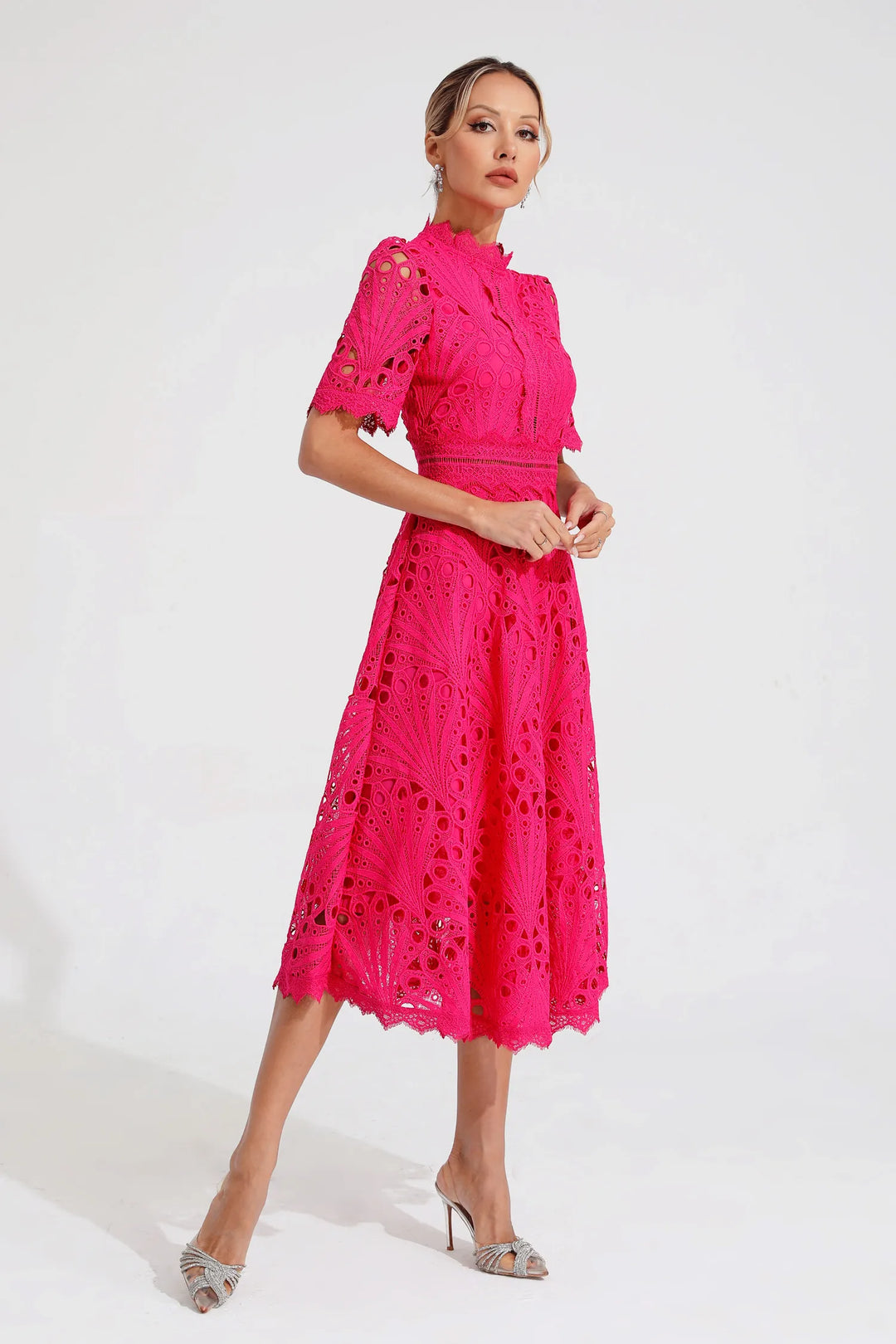 Cutwork Lace A Line Midi Dress - Wedding Guest Formal