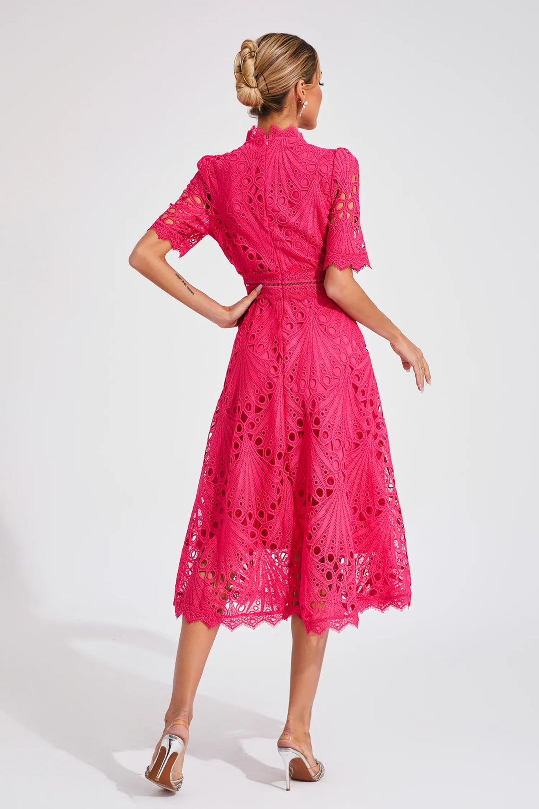 Cutwork Lace A Line Midi Dress - Wedding Guest Formal