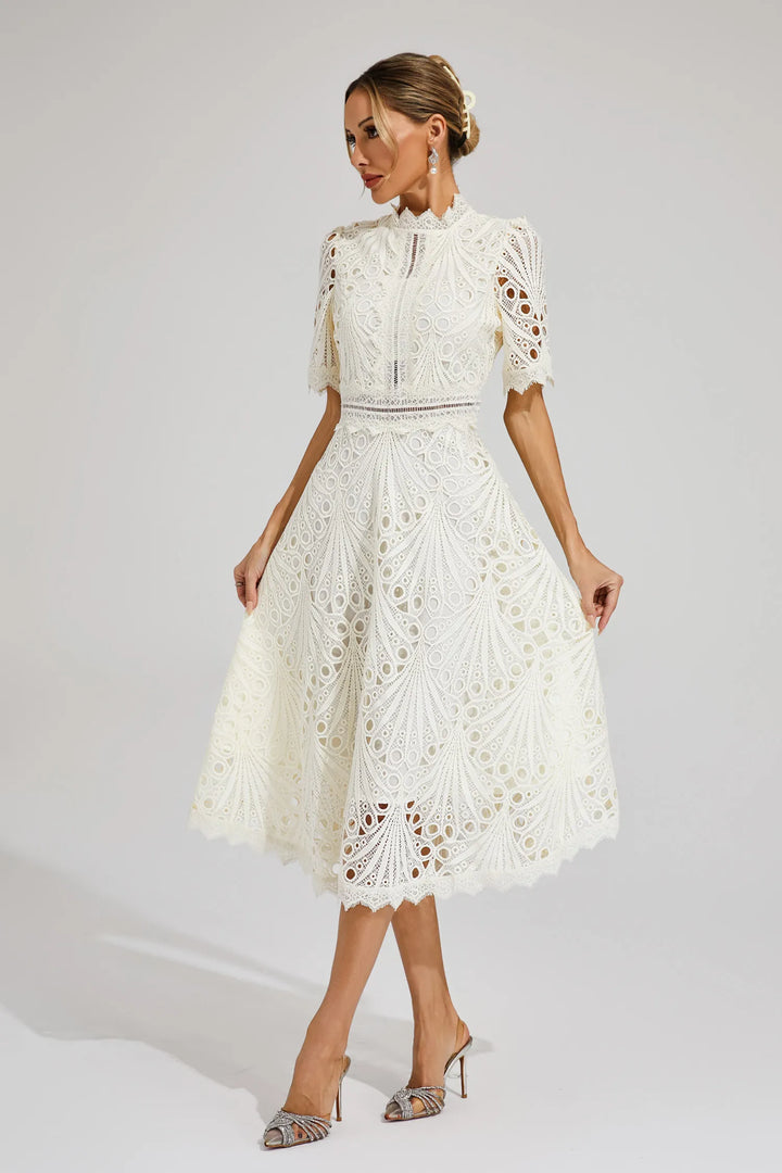 Cutwork Lace A Line Midi Dress - Wedding Guest Formal