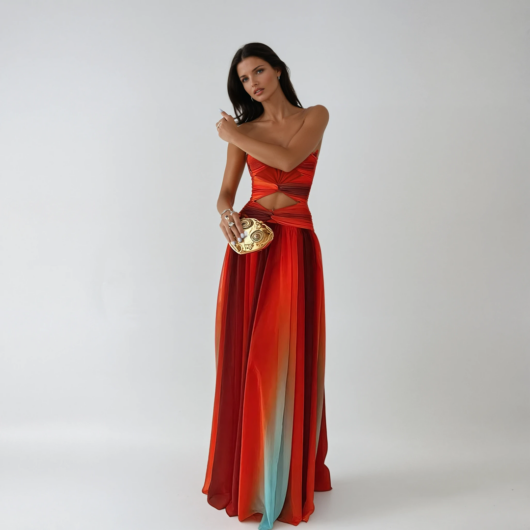 Women's Ombre Maxi Dress Strapless Cut-out Evening Gown Formal