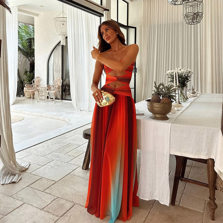 Women's Ombre Maxi Dress Strapless Cut-out Evening Gown Formal