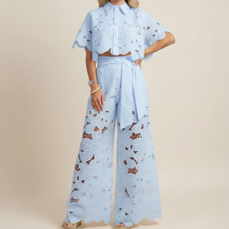 Floral Eyelet Lace Scalloped Crop Top and Wide Leg Pant Two Piece Set