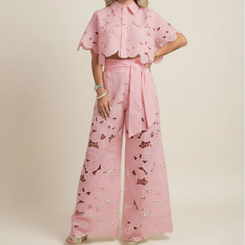 Floral Eyelet Lace Scalloped Crop Top and Wide Leg Pant Two Piece Set