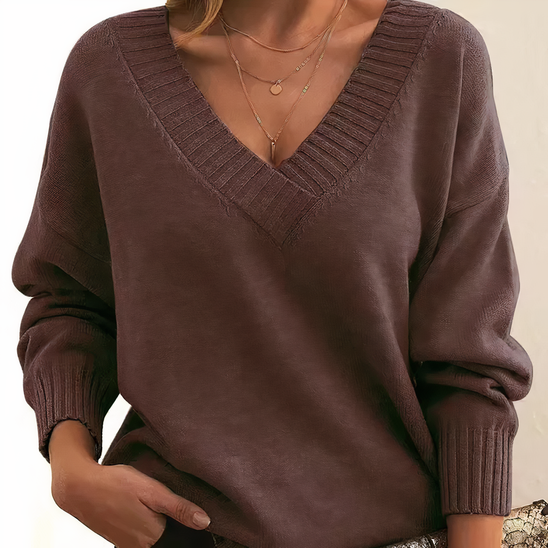 Emmeline | Women's Oversized Deep V-Neck Ribbed Collar Sweater