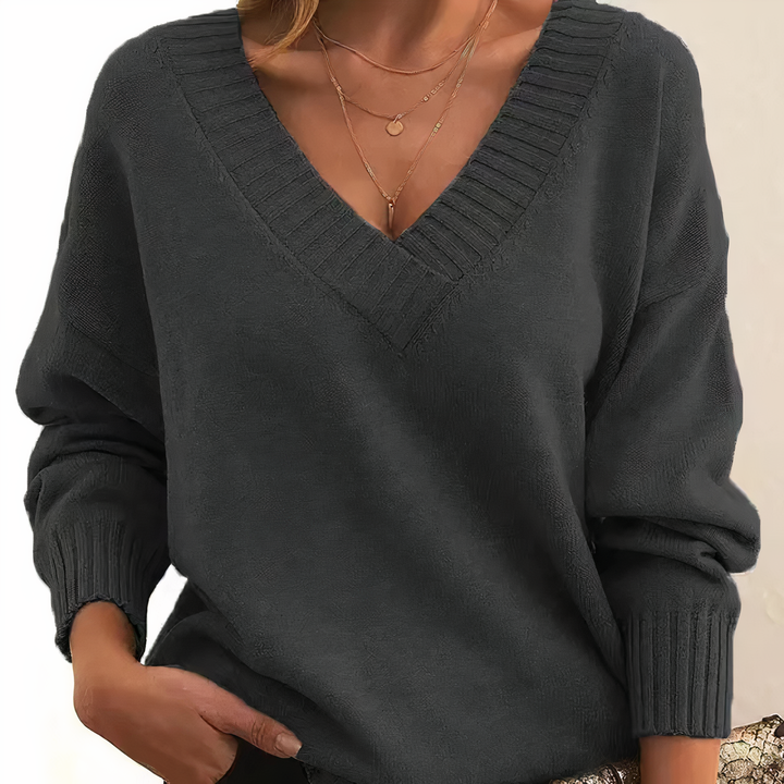 Emmeline | Women's Oversized Deep V-Neck Ribbed Collar Sweater