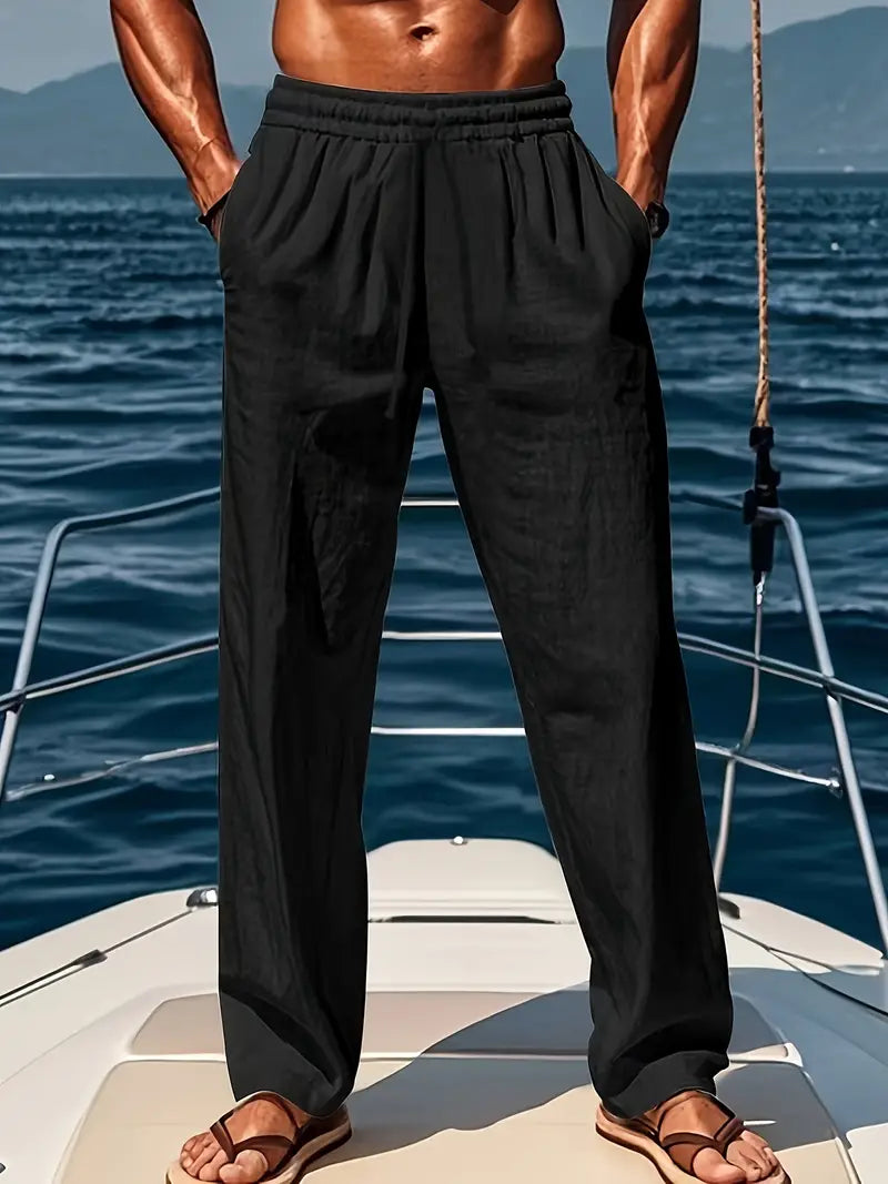 Drawstring Pleated Linen Mens Casual Trousers - Resort Loose Fit