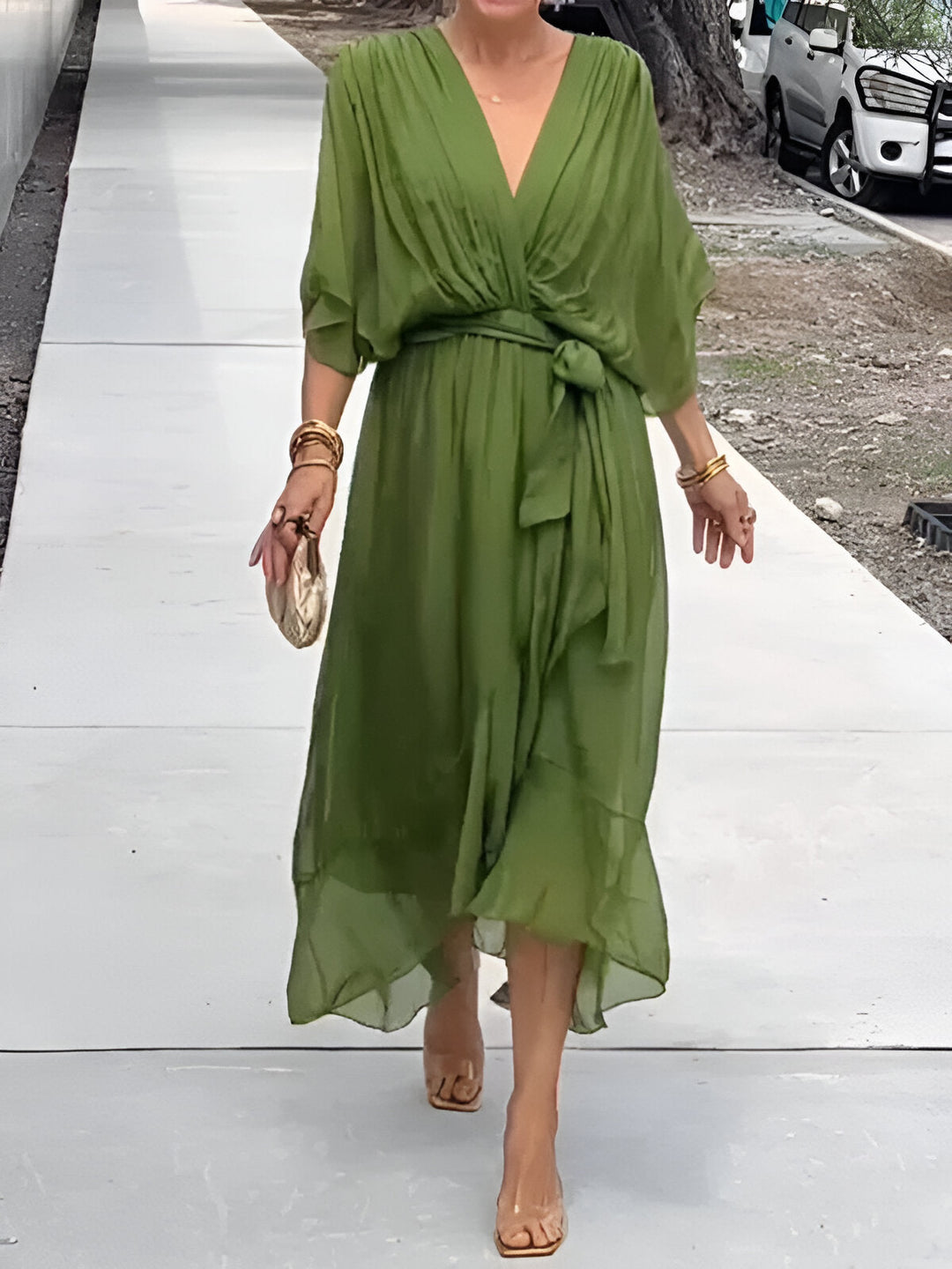 Women's Wrap Midi Dress Chiffon Batwing Sleeve Wedding Guest