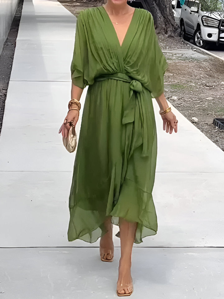 Women's Wrap Midi Dress Chiffon Batwing Sleeve Wedding Guest