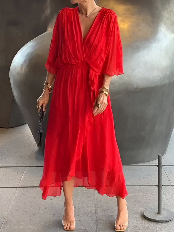 Women's Wrap Midi Dress Chiffon Batwing Sleeve Wedding Guest