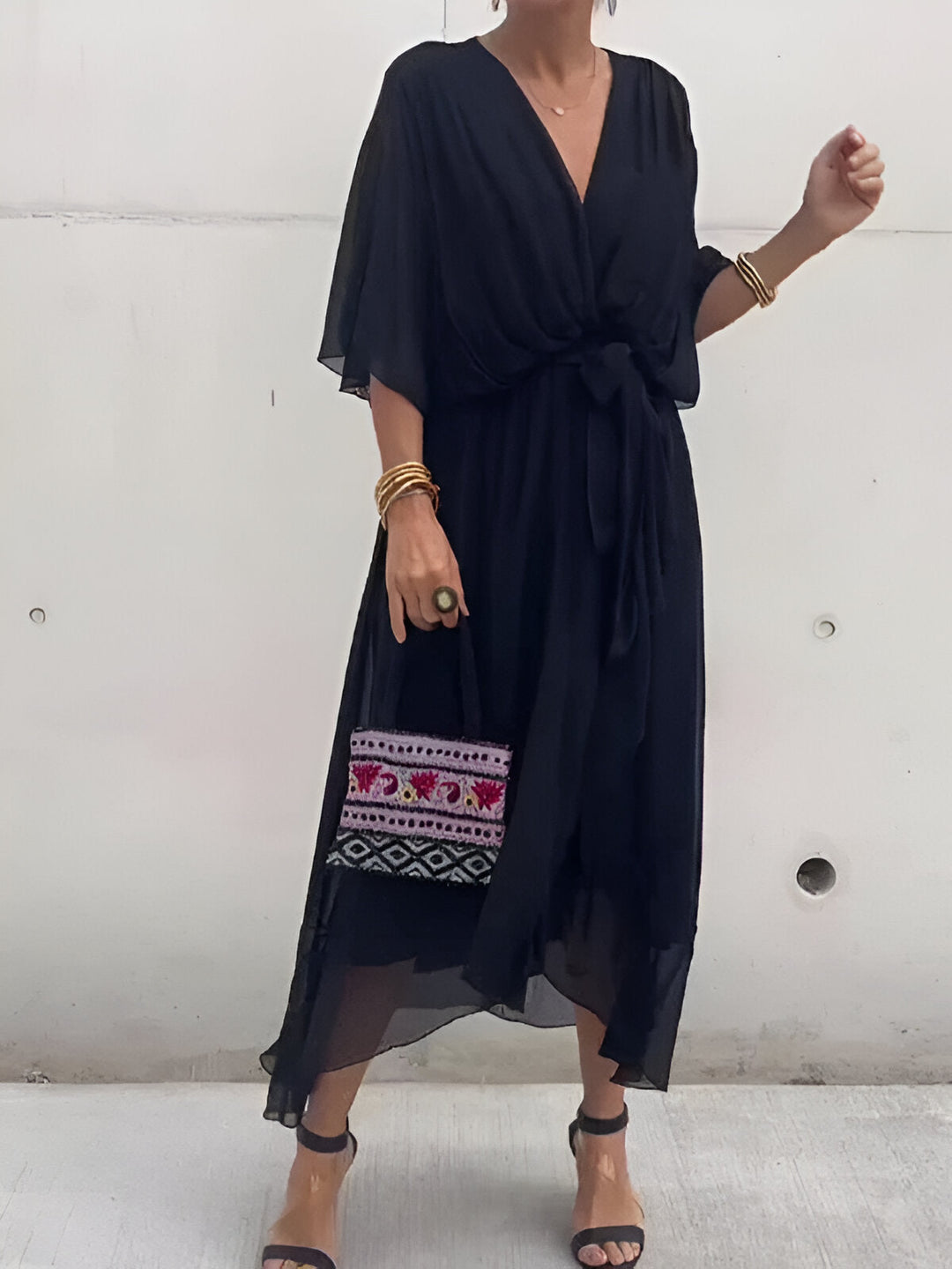 Women's Wrap Midi Dress Chiffon Batwing Sleeve Wedding Guest