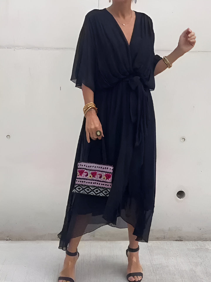 Women's Wrap Midi Dress Chiffon Batwing Sleeve Wedding Guest