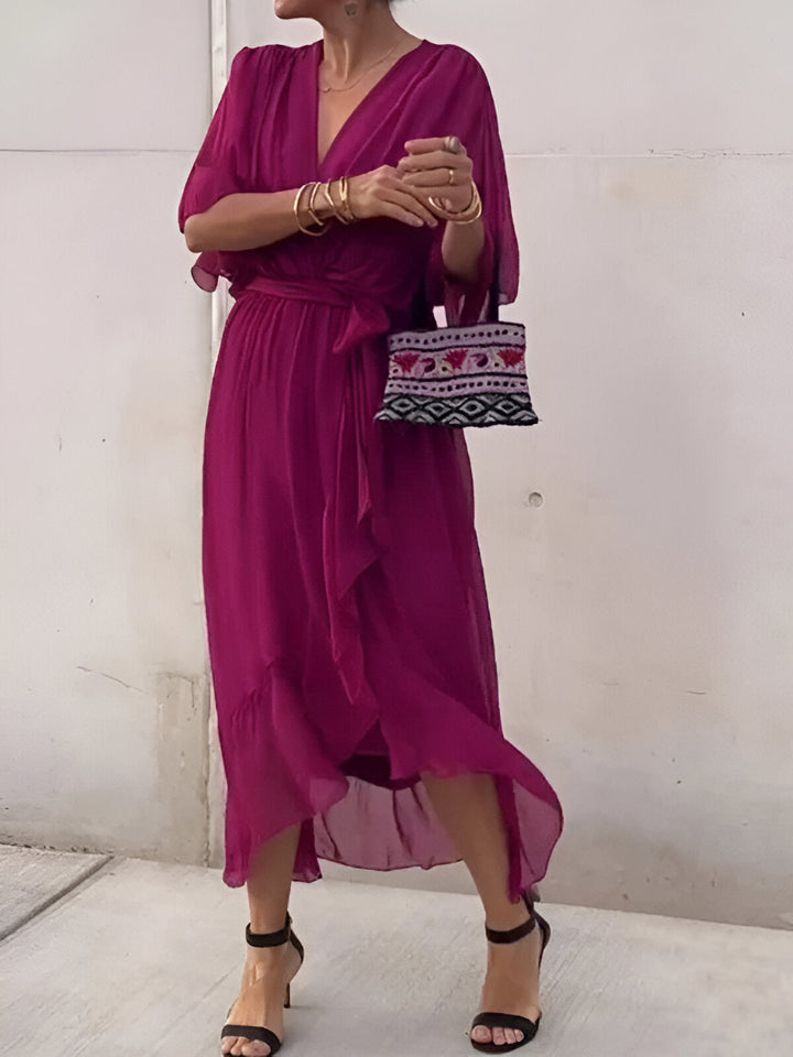 Women's Wrap Midi Dress Chiffon Batwing Sleeve Wedding Guest